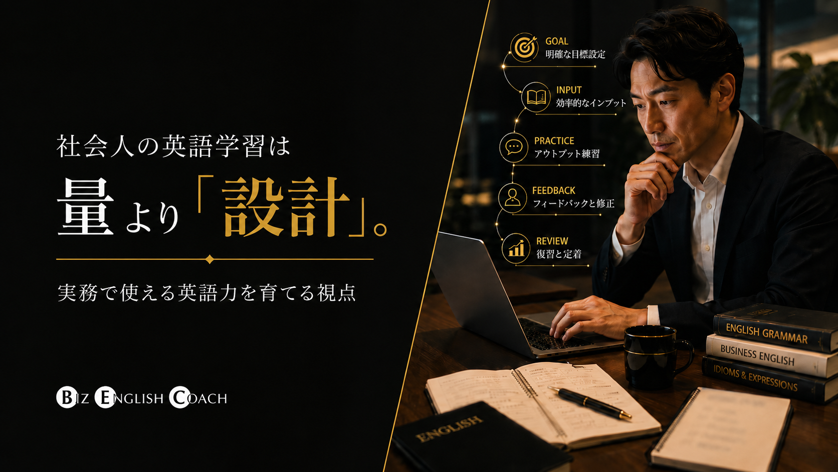ビズイングリッシュコーチ（Biz English Coach）の公式ブログ記事「社会人の英語学習は量より設計」のアイキャッチ画像。ビジネスパーソンがノートパソコンで学習に取り組む様子と、目標設定・インプット・アウトプット練習・フィードバック・復習という学習設計のステップを表したアイコン。
